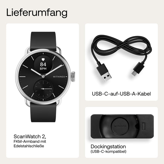 WITHINGS ScanWatch 2 – Connected Healthwatch, EKG, SpO2, Temperatur, Schlaf & Aktivitätstracking, 30 Tage Akku, Wasserdicht, Android & iOS